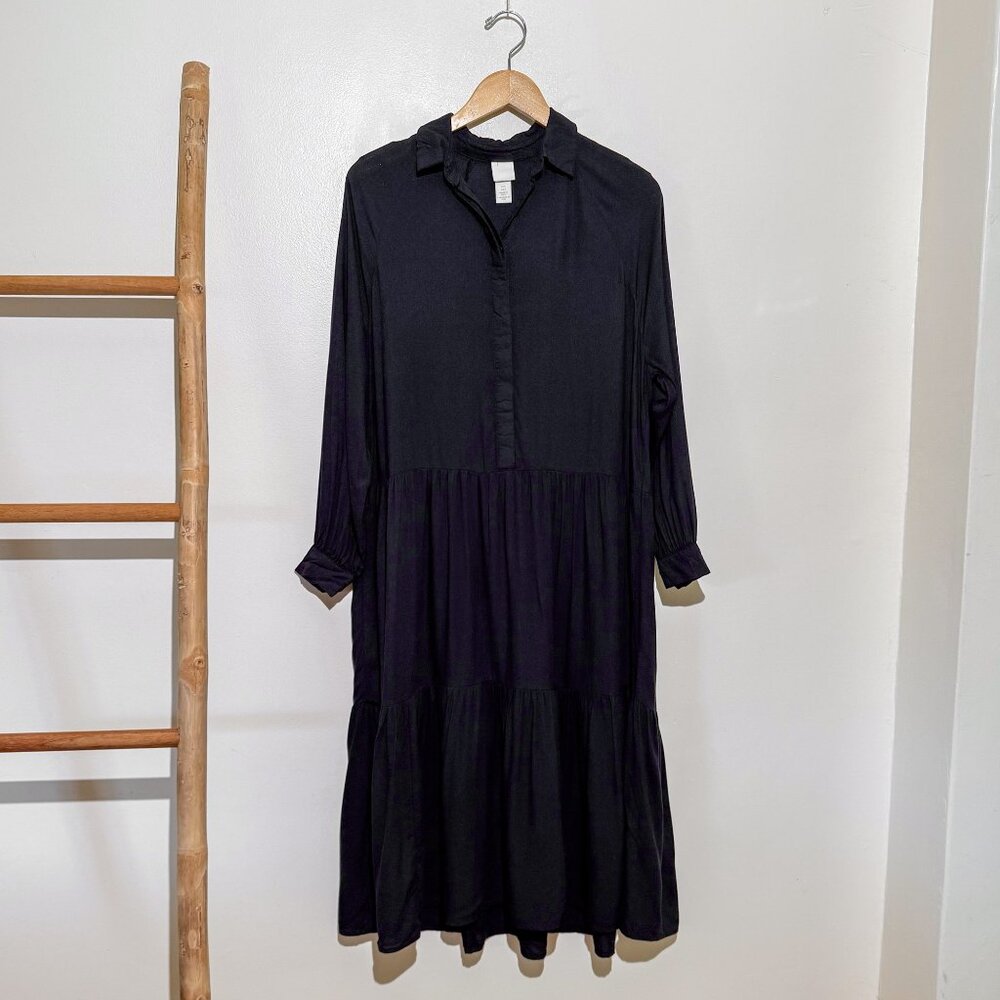 H&M Flawed Black Long Sleeve Summer Tiered Skirt Frock Dress Size S